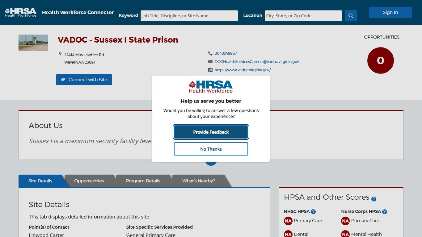 Health Workforce Connector - Site Profile Page